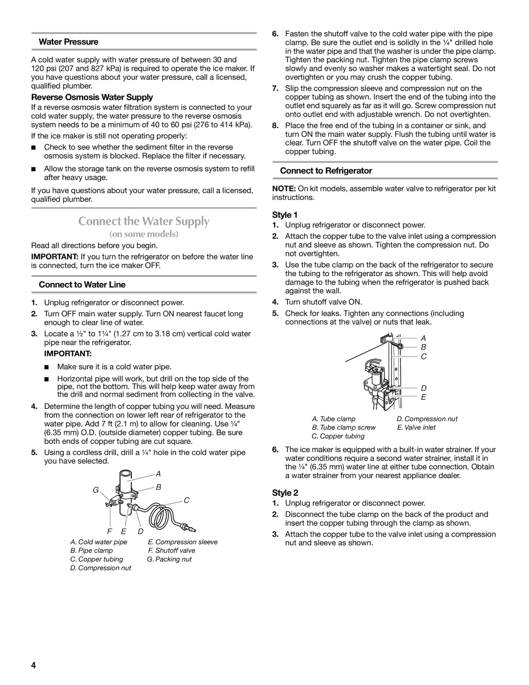 Maytag W10214132A, M8RXEGMXS Connect the Water Supply, Water Pressure, Reverse Osmosis Water Supply, Connect to Water Line 