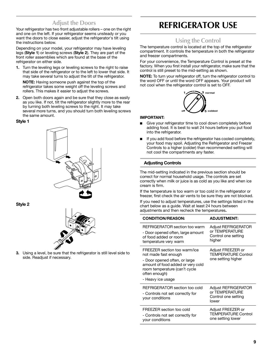 Maytag W10214257A, W10214132A, M8RXEGMXS Refrigerator USE, Adjust the Doors, Using the Control, Adjusting Controls 