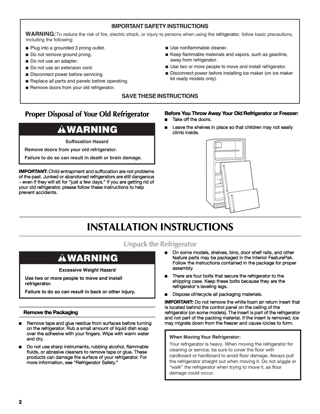 Maytag M8RXEGMXS Installation Instructions, Unpack the Refrigerator, Important Safety Instructions, Remove the Packaging 