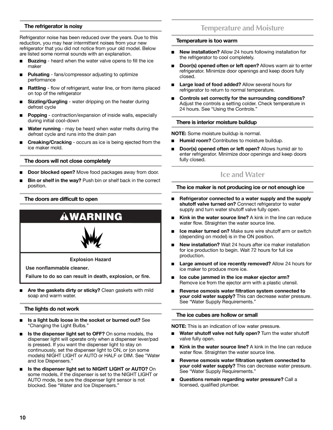 Maytag W10214488A, W10214489A installation instructions Temperature and Moisture, Ice and Water 