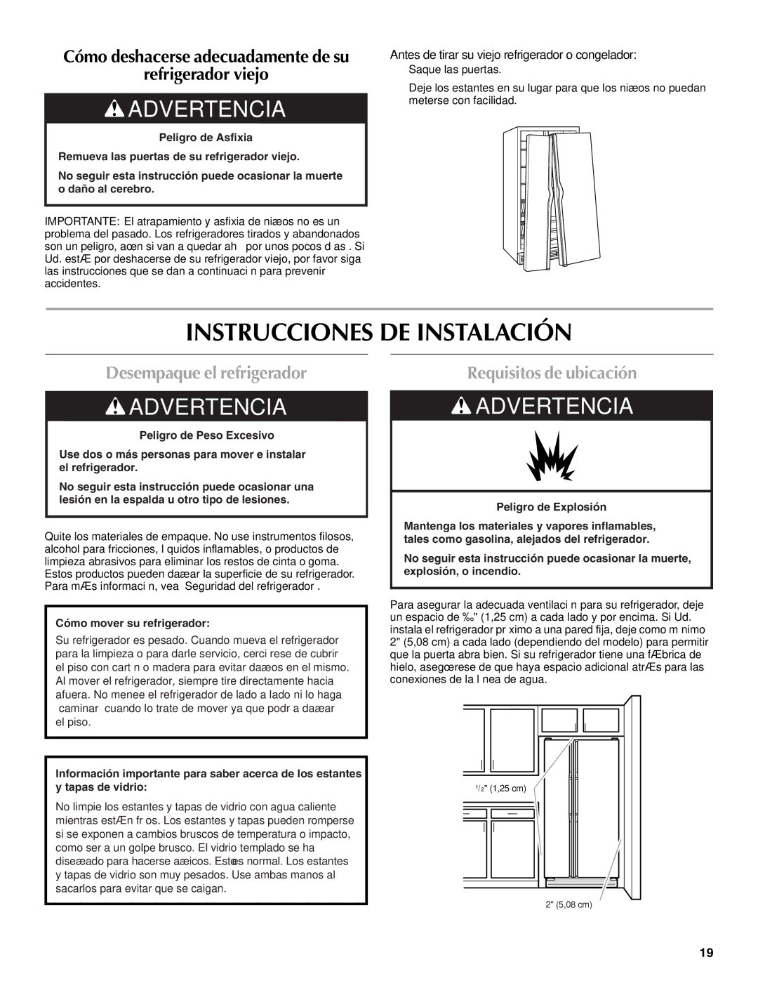 Maytag W10214489A, W10214488A Instrucciones DE Instalación, Desempaque el refrigerador, Requisitos de ubicación 