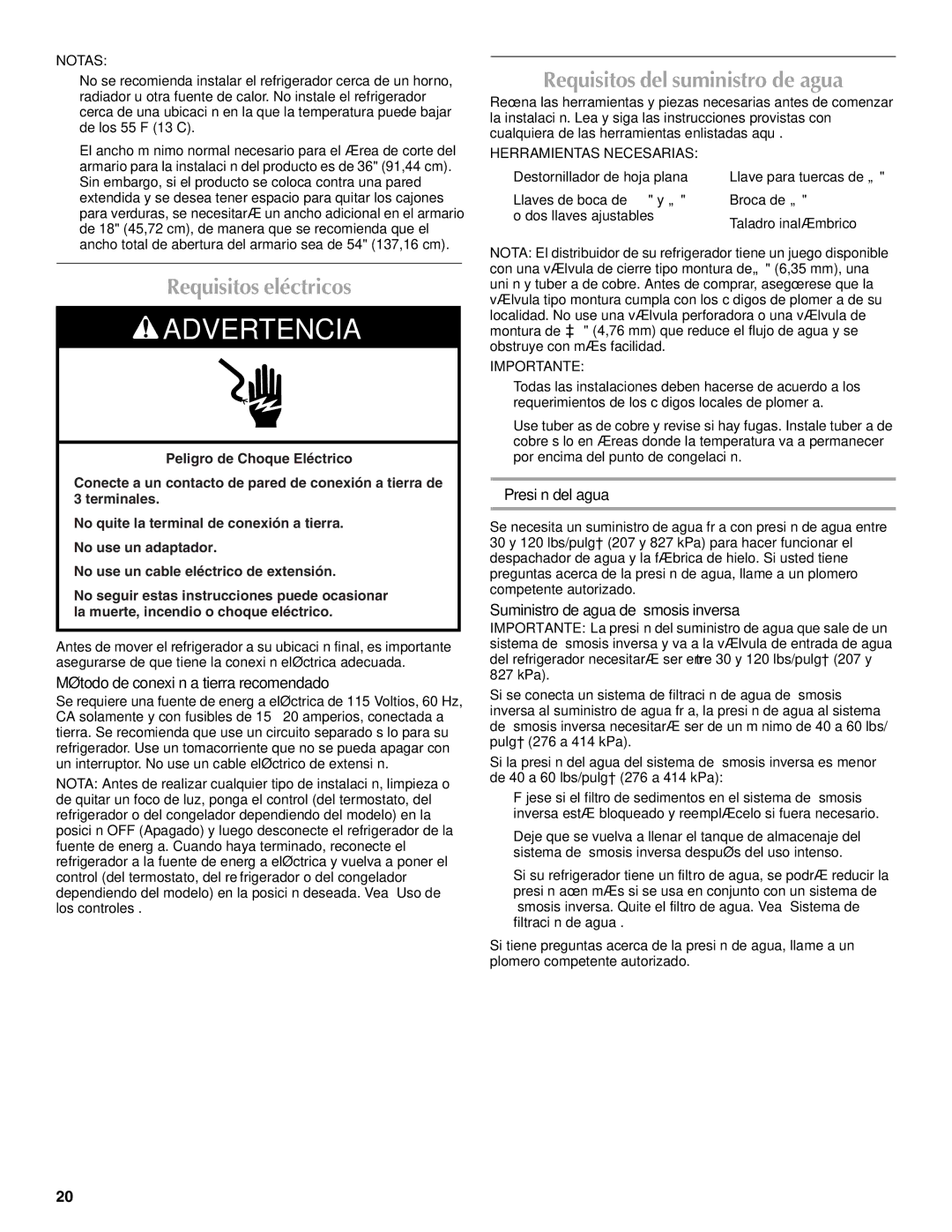 Maytag W10214488A Requisitos eléctricos, Requisitos del suministro de agua, Método de conexión a tierra recomendado 