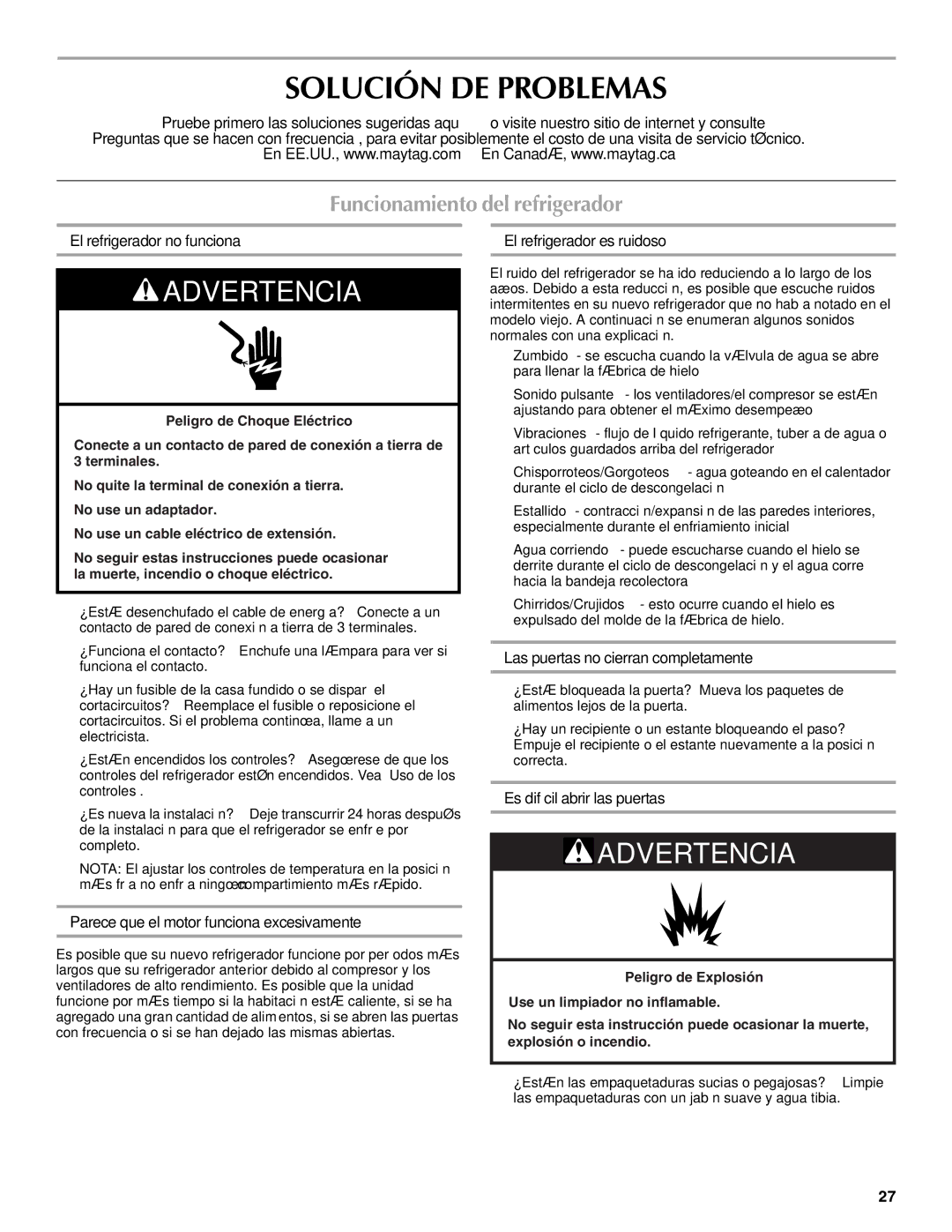 Maytag W10214489A, W10214488A installation instructions Solución DE Problemas, Funcionamiento del refrigerador 