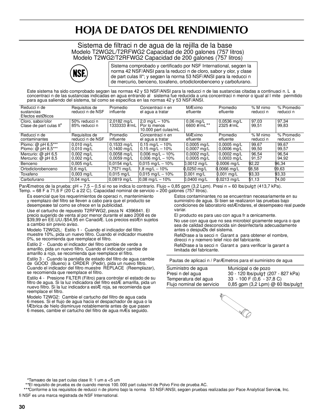 Maytag W10214488A, W10214489A Hoja DE Datos DEL Rendimiento, Sistema de filtración de agua de la rejilla de la base 