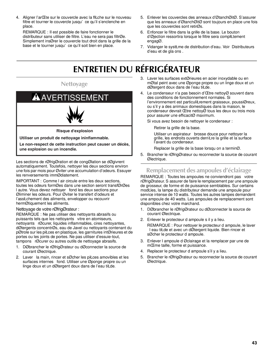 Maytag W10214489A, W10214488A Entretien DU Réfrigérateur, Nettoyage, Remplacement des ampoules d’éclairage 