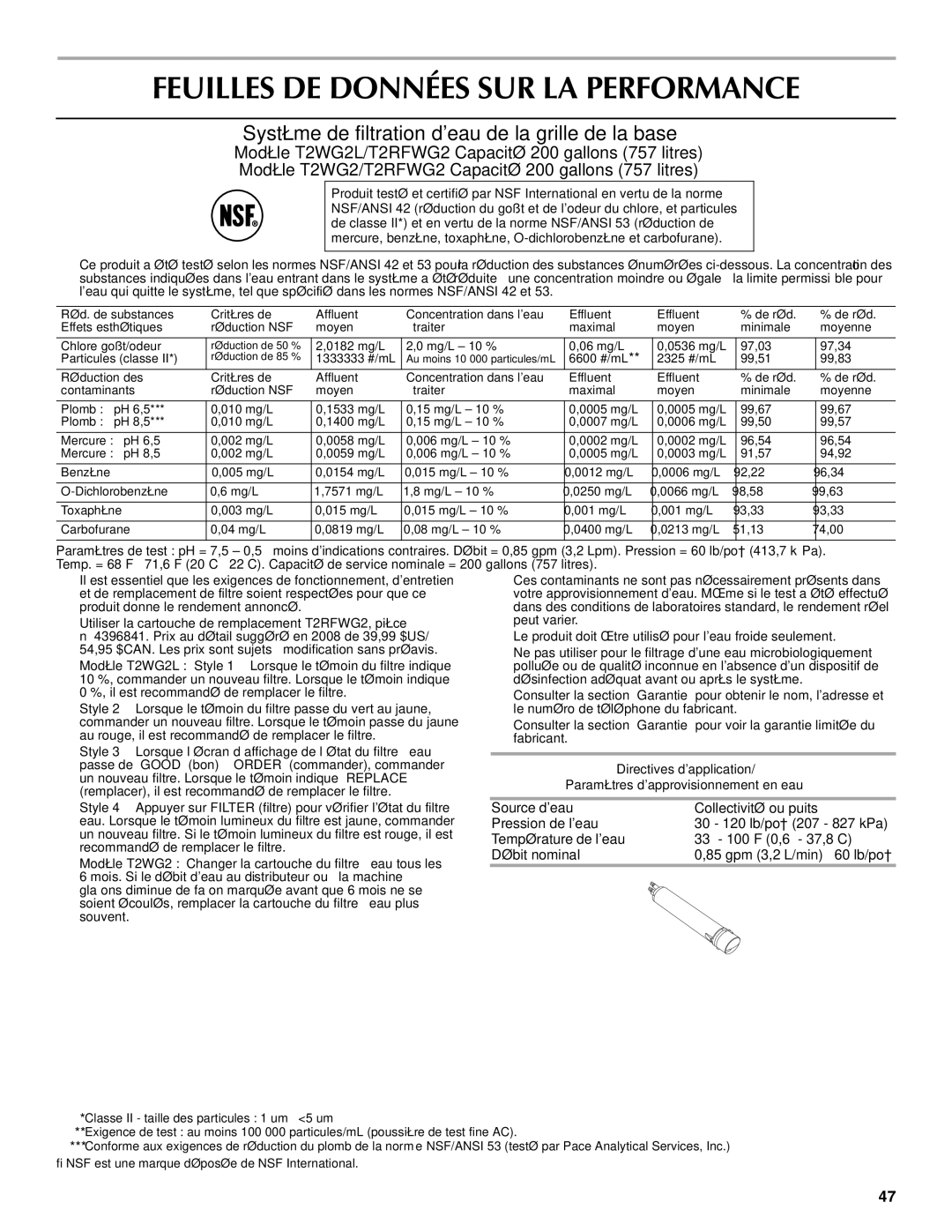 Maytag W10214489A, W10214488A Feuilles DE Données SUR LA Performance, Système de filtration deau de la grille de la base 