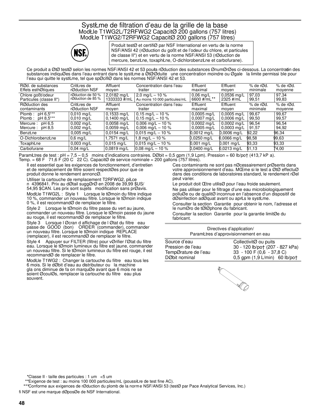 Maytag W10214488A, W10214489A installation instructions Système de filtration deau de la grille de la base 