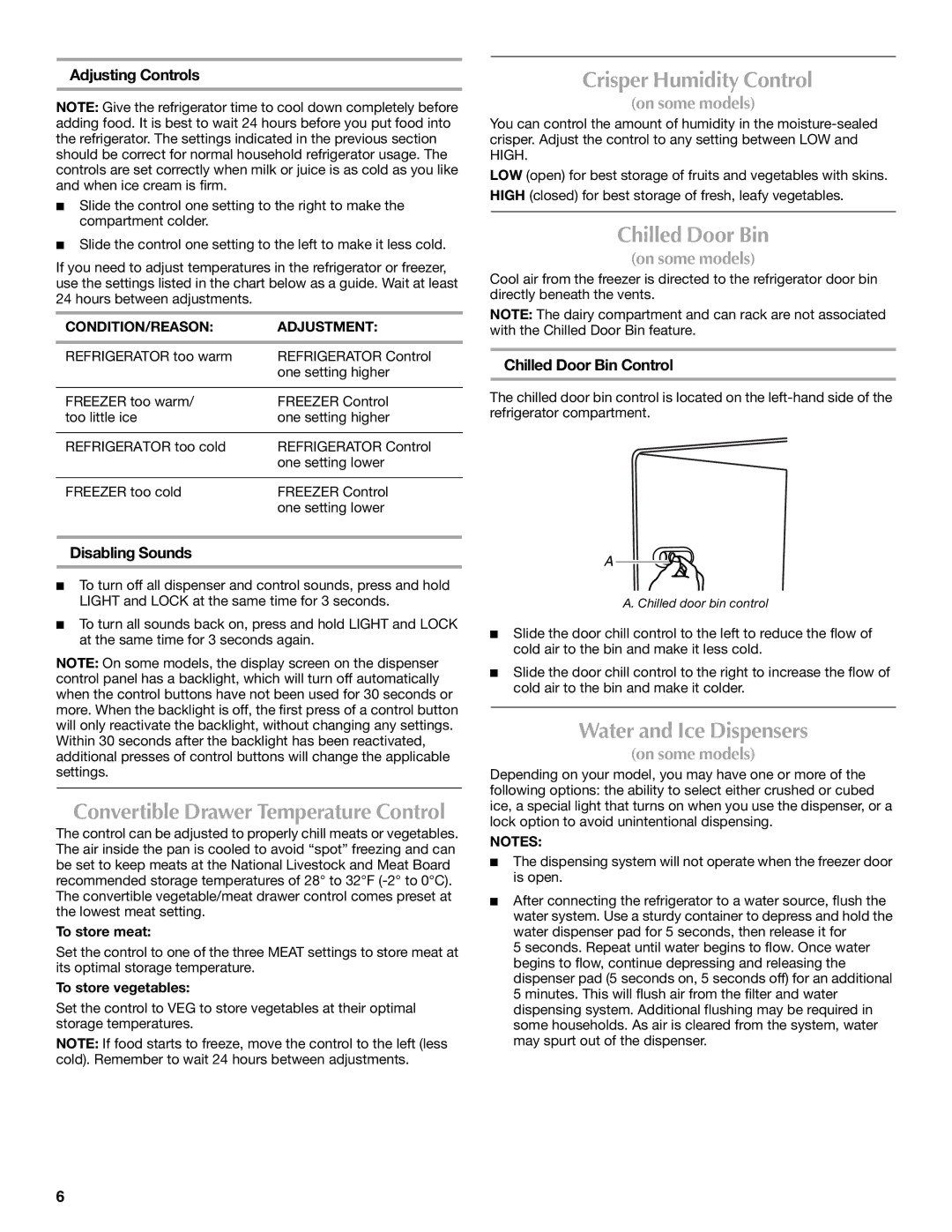 Maytag W10214488A, W10214489A installation instructions Crisper Humidity Control, Chilled Door Bin, Water and Ice Dispensers 