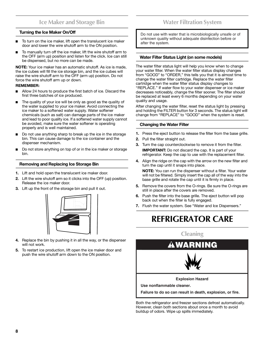 Maytag W10214488A, W10214489A Refrigerator Care, Ice Maker and Storage Bin, Water Filtration System, Cleaning 