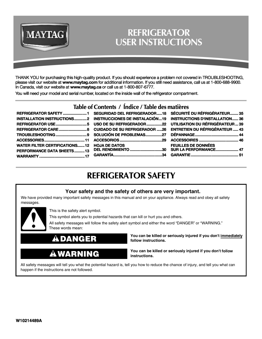 Maytag W10214489A, W10214488A installation instructions Refrigerator User Instructions, Refrigerator Safety, Danger 