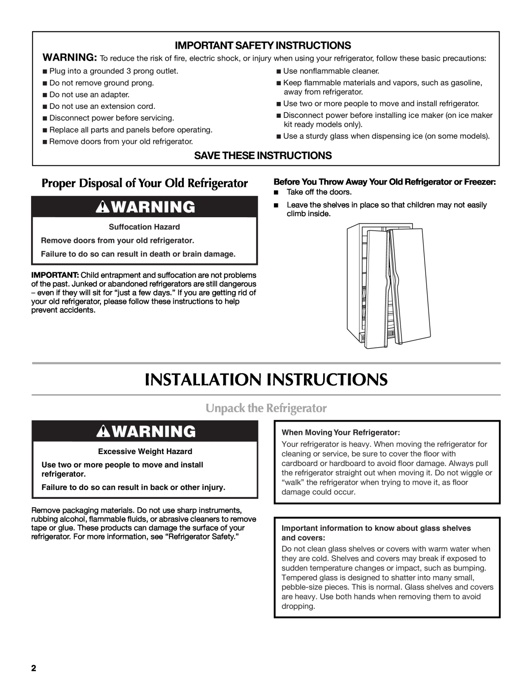 Maytag W10214488A, W10214489A Installation Instructions, Unpack the Refrigerator, Important Safety Instructions 