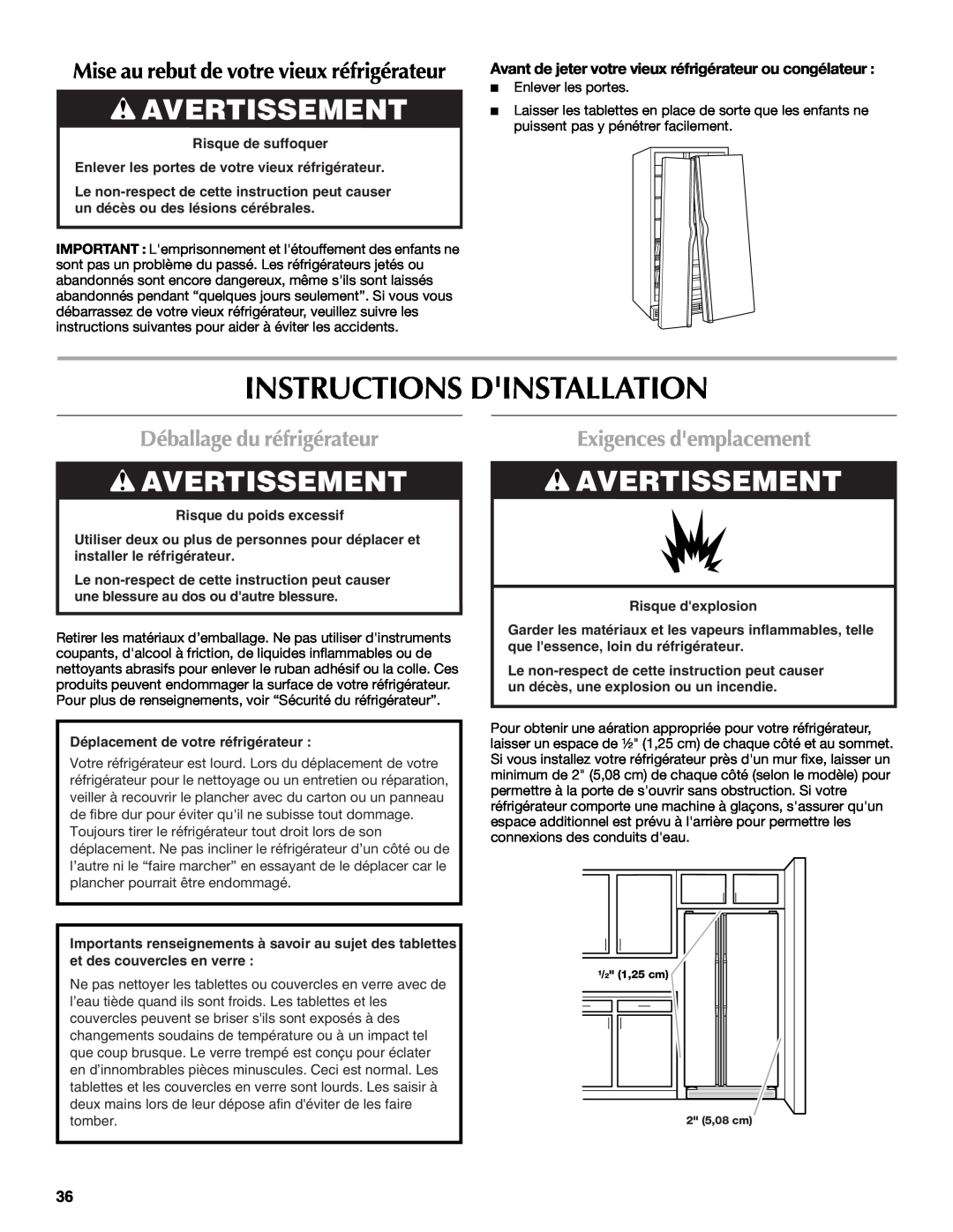 Maytag W10214488A Instructions Dinstallation, Avertissement, Déballage du réfrigérateur, Exigences demplacement 