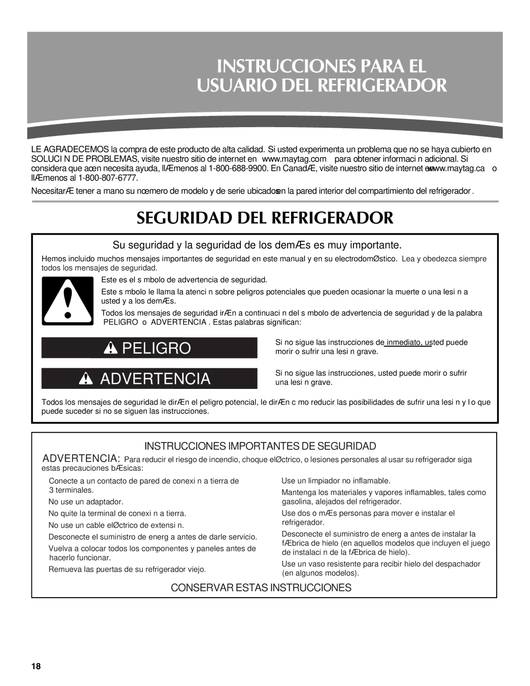 Maytag W10214491A, W10214490A Instrucciones Para EL Usuario DEL Refrigerador, Seguridad DEL Refrigerador 