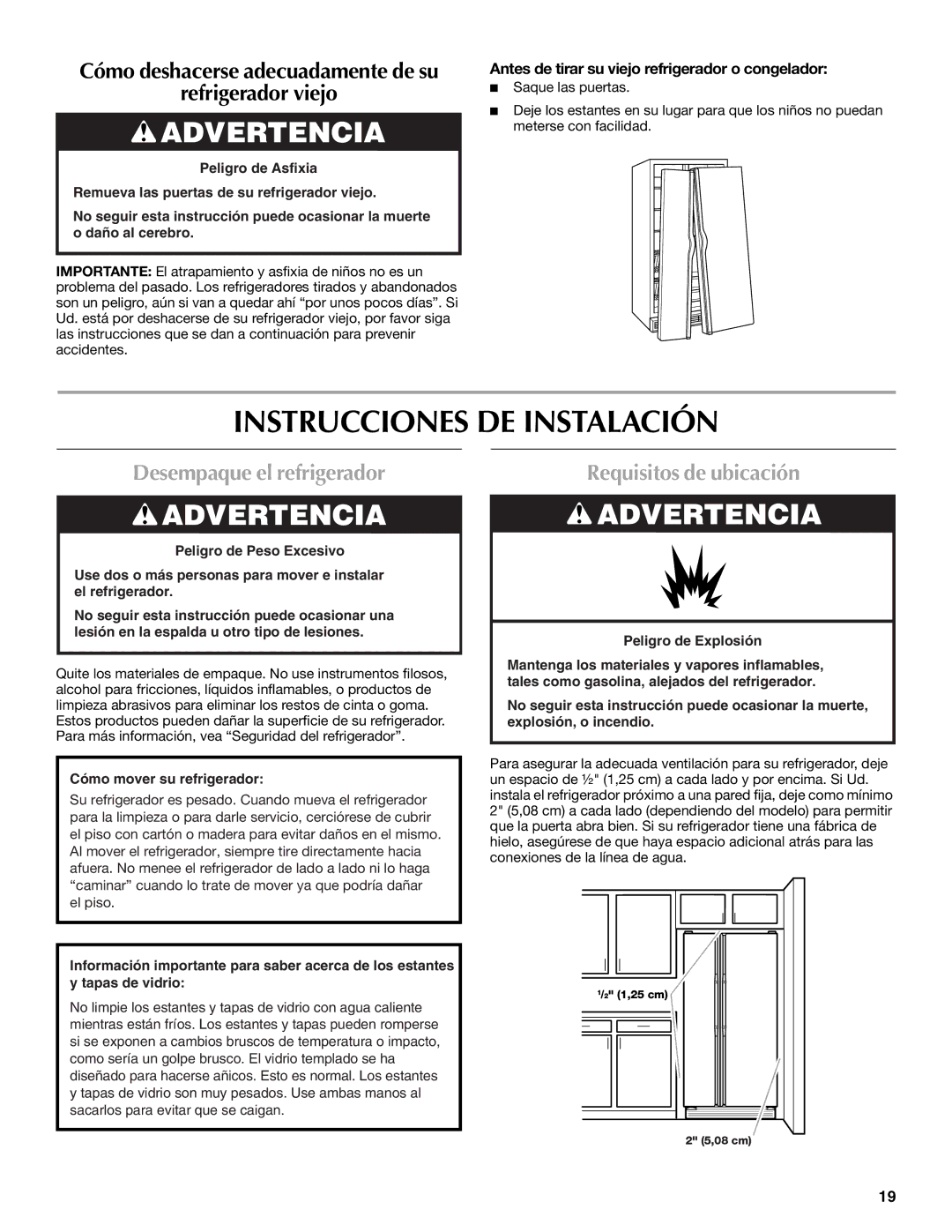 Maytag W10214490A, W10214491A Instrucciones DE Instalación, Desempaque el refrigerador, Requisitos de ubicación 