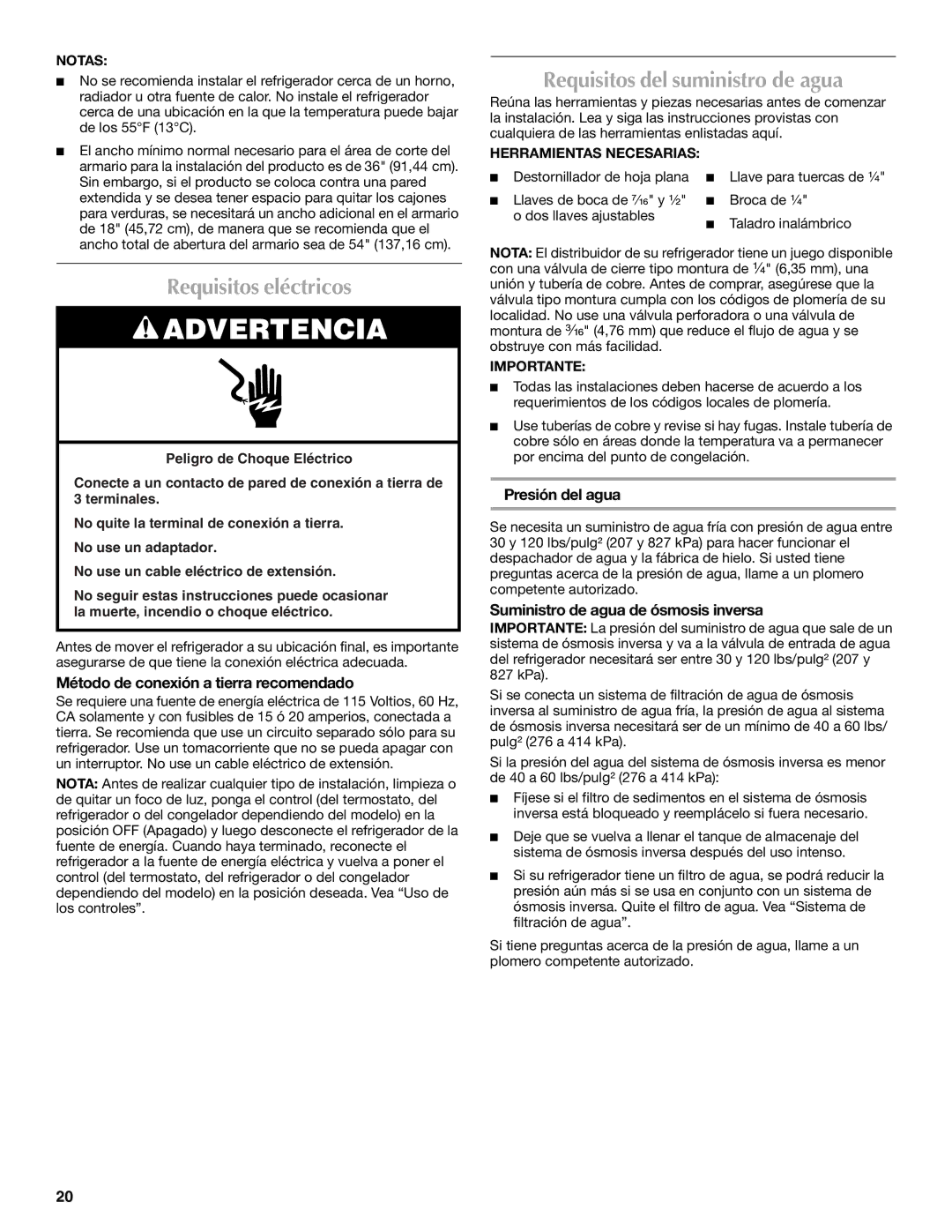 Maytag W10214491A Requisitos eléctricos, Requisitos del suministro de agua, Método de conexión a tierra recomendado 