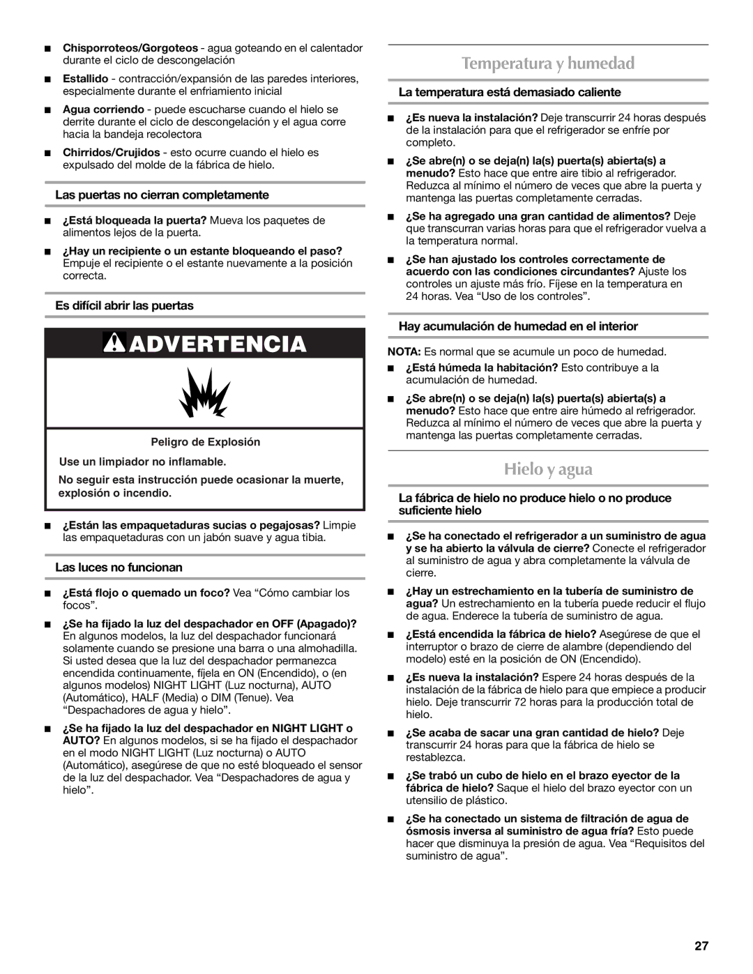 Maytag W10214490A, W10214491A installation instructions Temperatura y humedad, Hielo y agua 