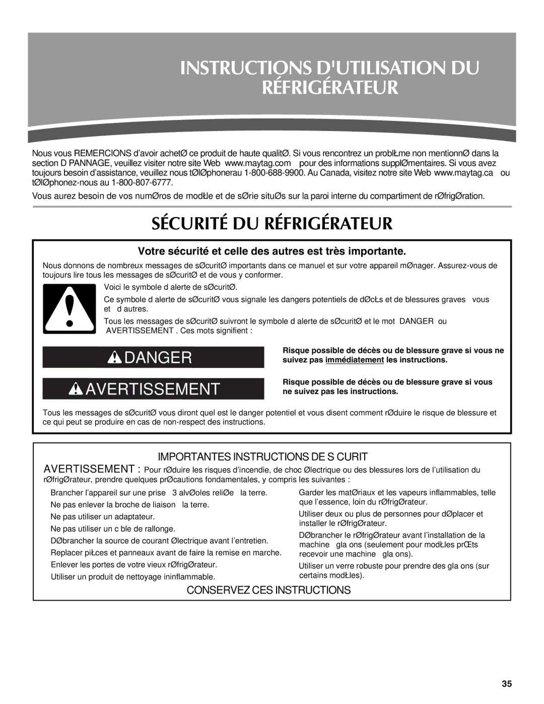 Maytag W10214490A, W10214491A Instructions Dutilisation DU Réfrigérateur, Sécurité DU Réfrigérateur 