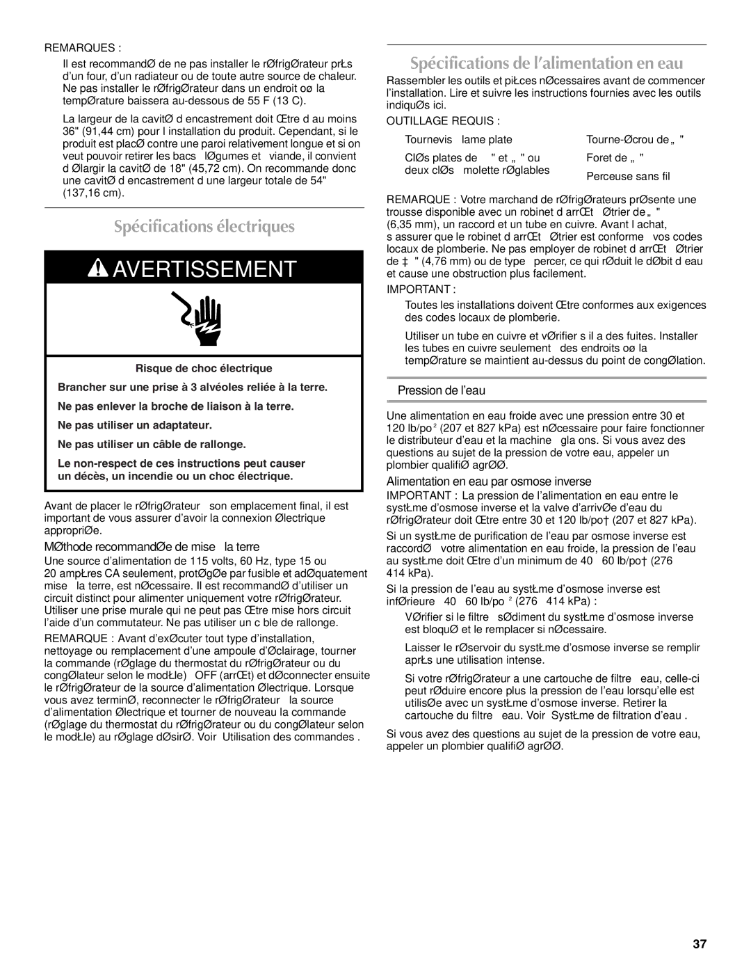 Maytag W10214490A, W10214491A Spécifications électriques, Spécifications de l’alimentation en eau, Pression de leau 