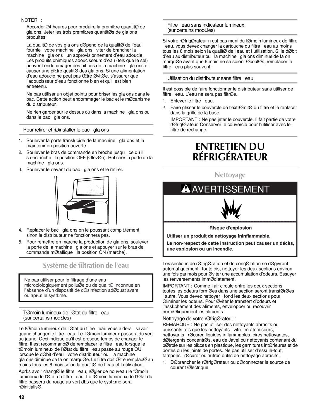 Maytag W10214491A, W10214490A installation instructions Entretien DU Réfrigérateur, Système de filtration de leau, Nettoyage 