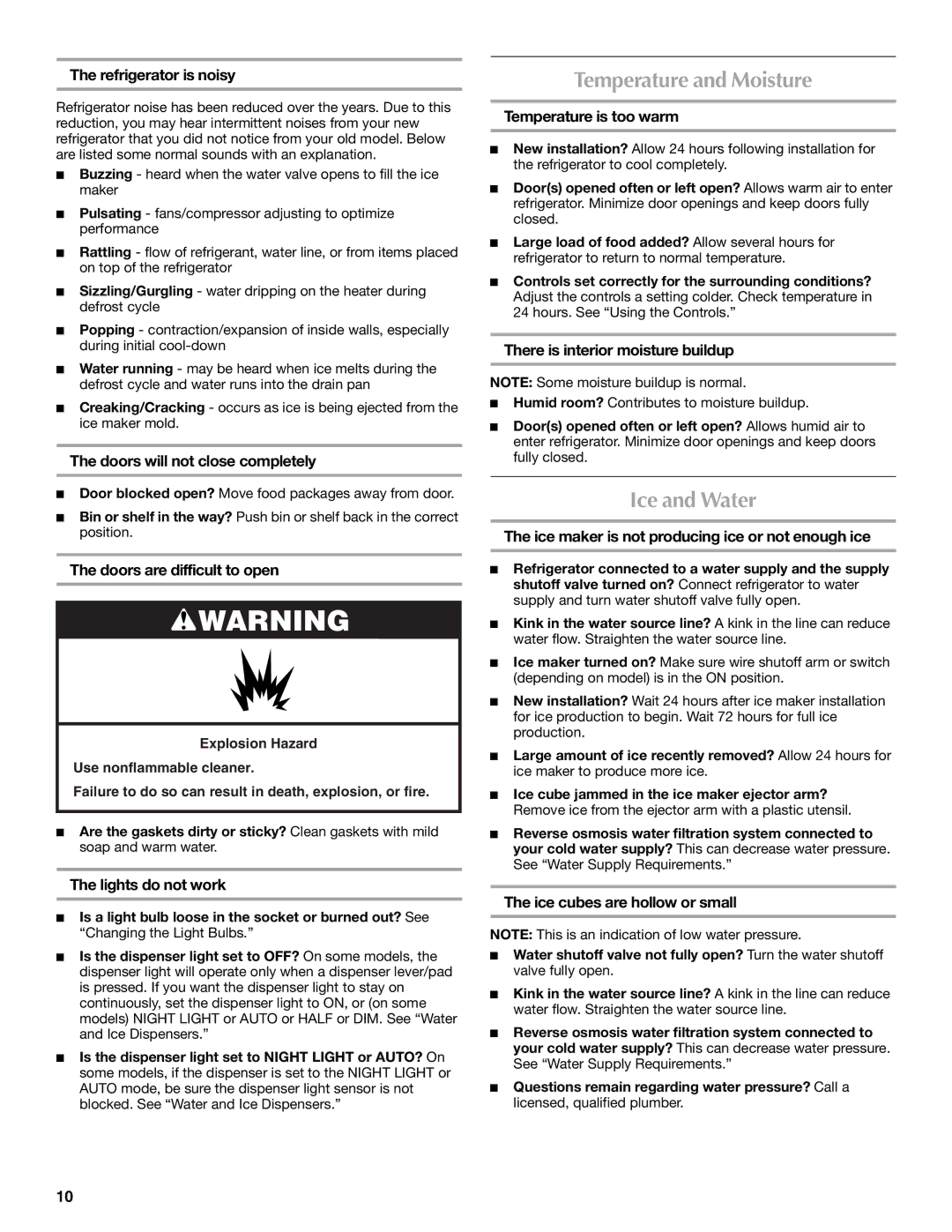 Maytag W10216883A, W10237807A installation instructions Temperature and Moisture, Ice and Water 