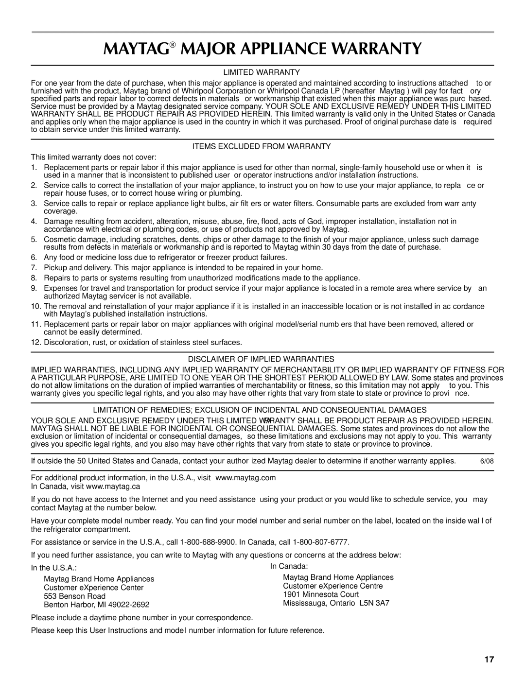 Maytag W10237807A, W10216883A Maytag Major Appliance Warranty, Limited Warranty, Items Excluded from Warranty 