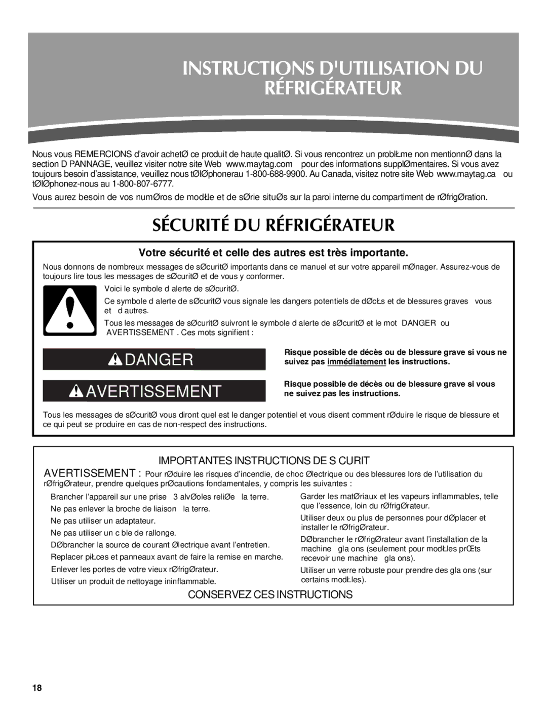 Maytag W10216883A, W10237807A Instructions Dutilisation DU Réfrigérateur, Sécurité DU Réfrigérateur 