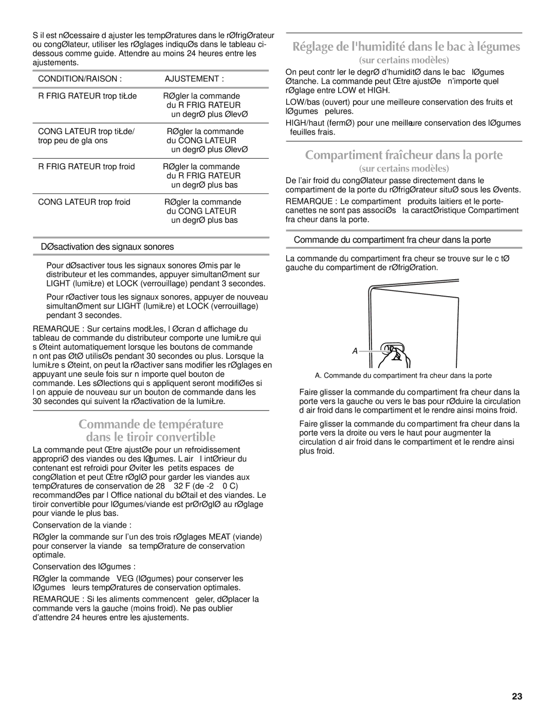 Maytag W10237807A Compartiment fraîcheur dans la porte, Désactivation des signaux sonores, CONDITION/RAISON Ajustement 