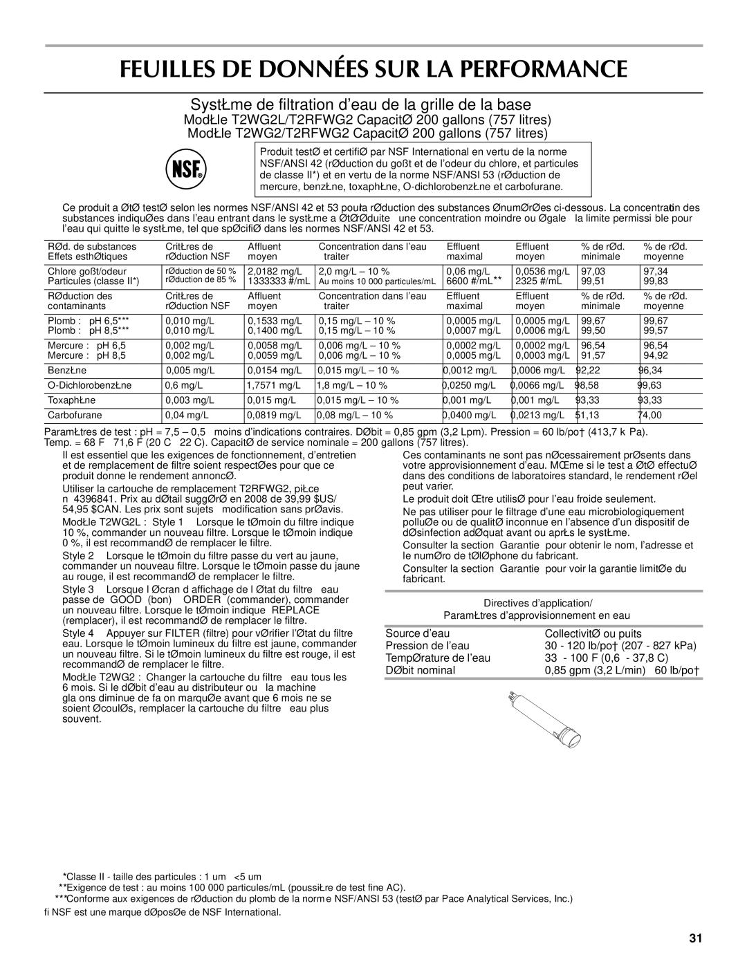 Maytag W10237807A, W10216883A Feuilles DE Données SUR LA Performance, Système de filtration deau de la grille de la base 