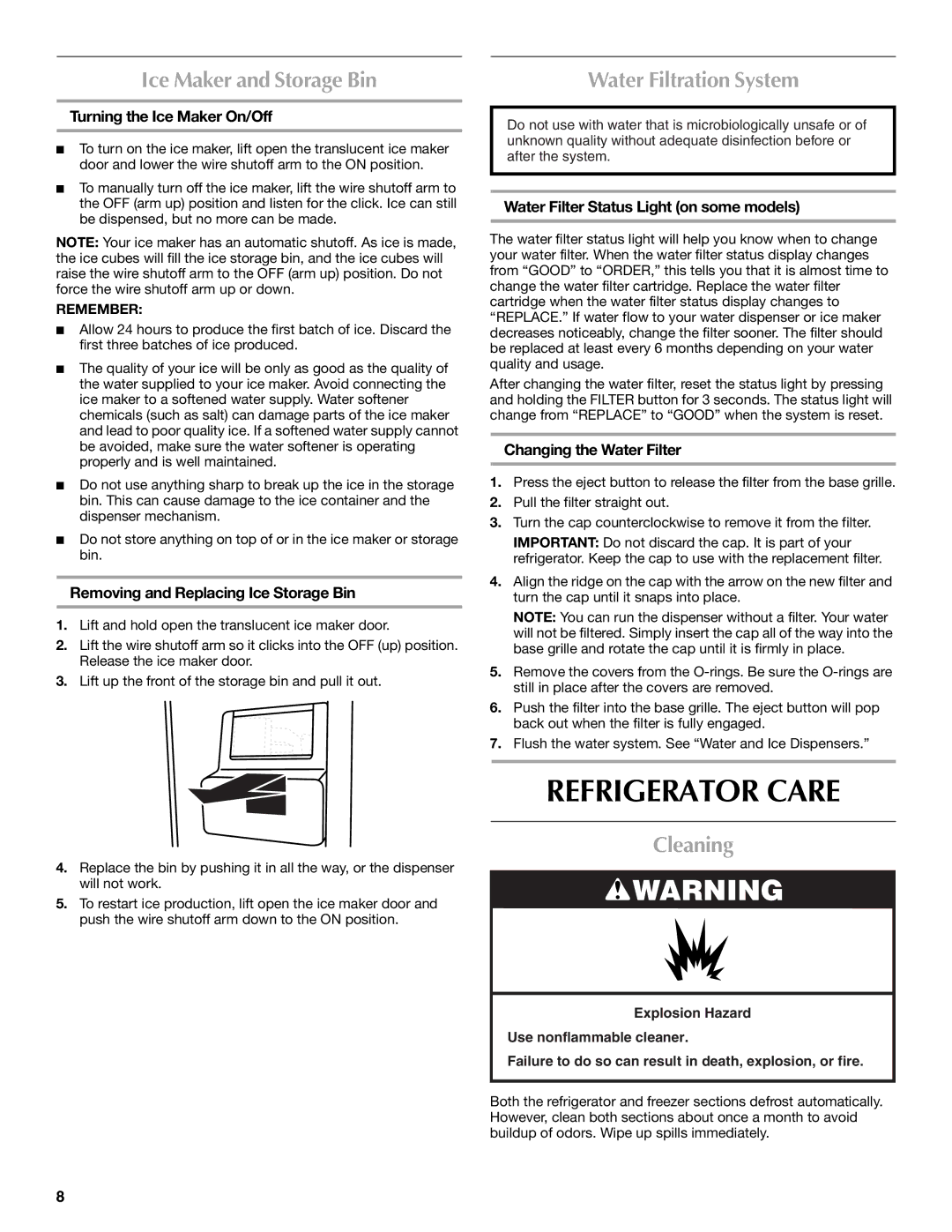 Maytag W10216883A, W10237807A Refrigerator Care, Ice Maker and Storage Bin, Water Filtration System, Cleaning 