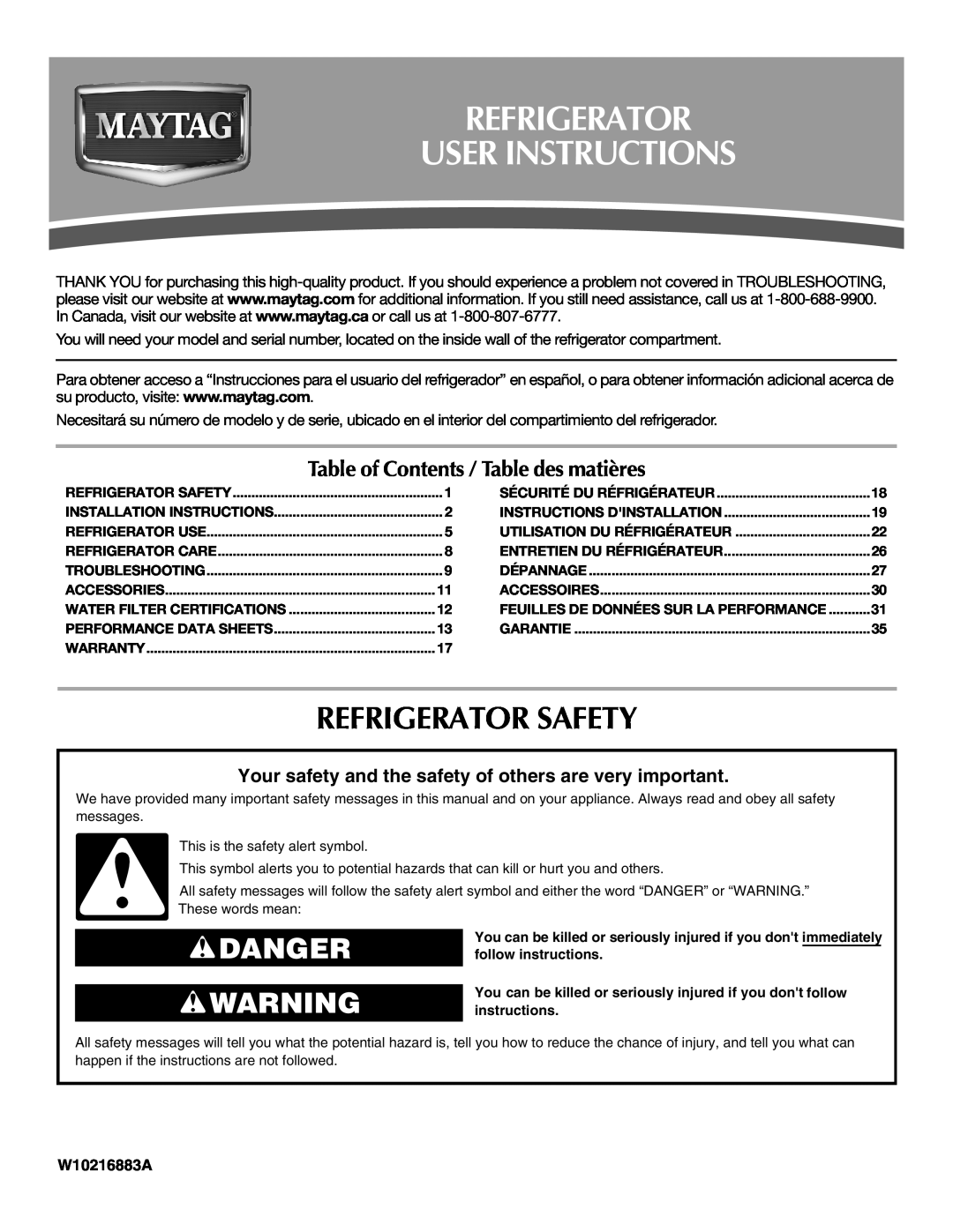 Maytag W10237807A installation instructions Refrigerator User Instructions, Refrigerator Safety, Danger, W10216883A 