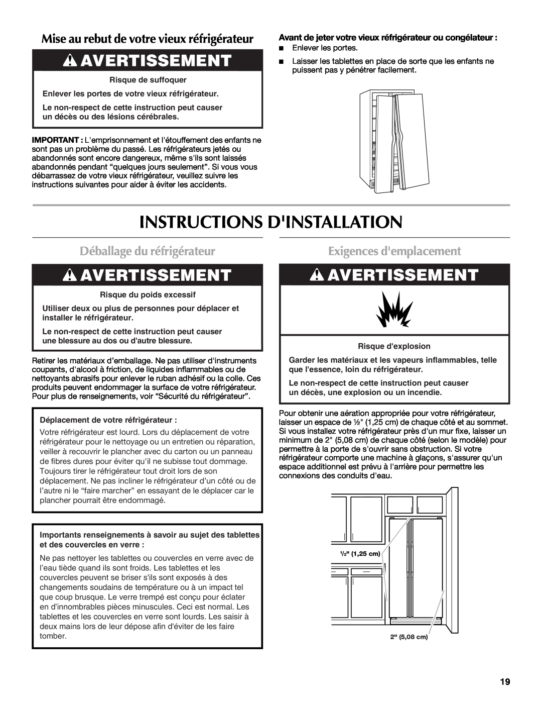 Maytag W10237807A Instructions Dinstallation, Avertissement, Déballage du réfrigérateur, Exigences demplacement 