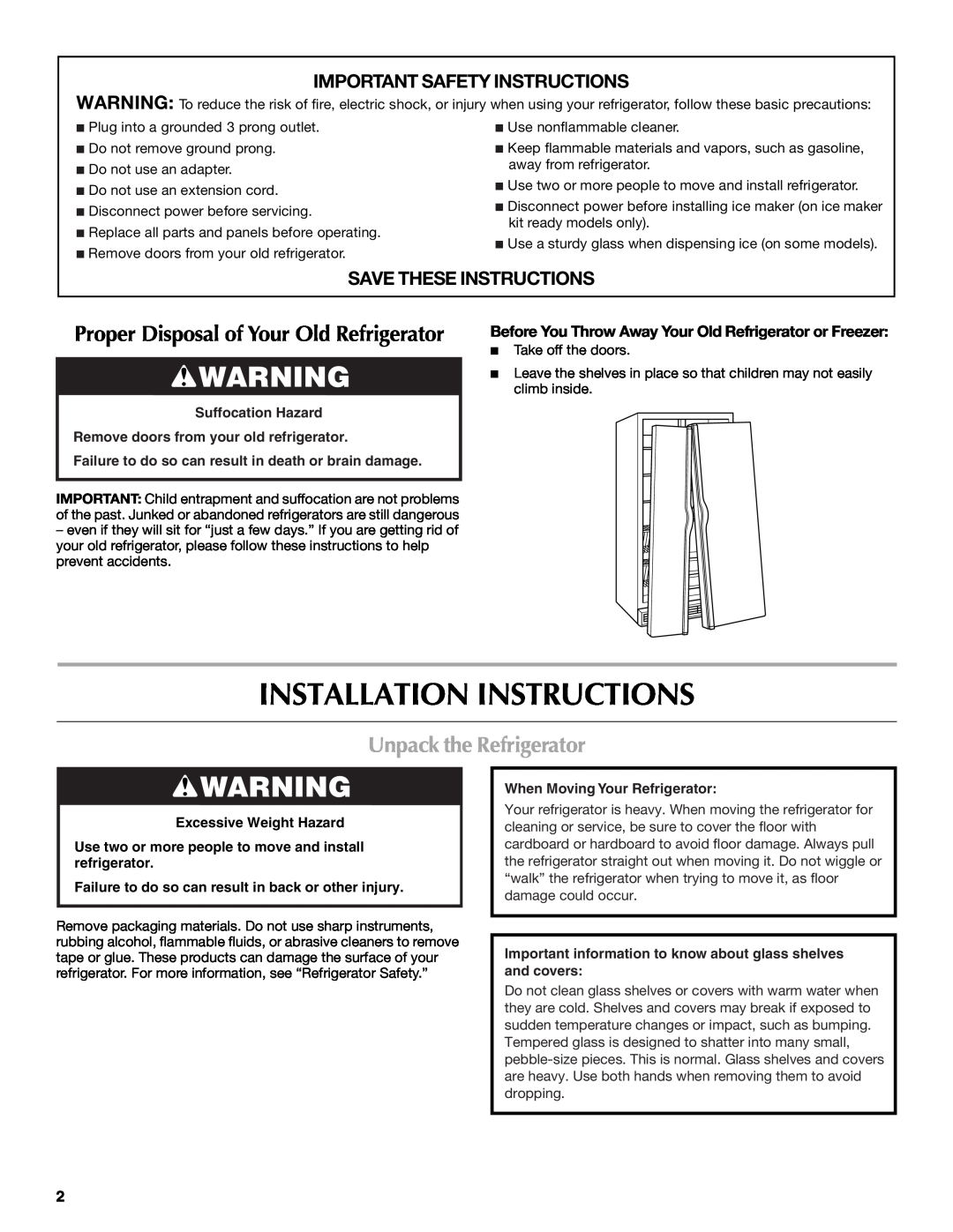 Maytag W10216883A Installation Instructions, Unpack the Refrigerator, Important Safety Instructions, Suffocation Hazard 