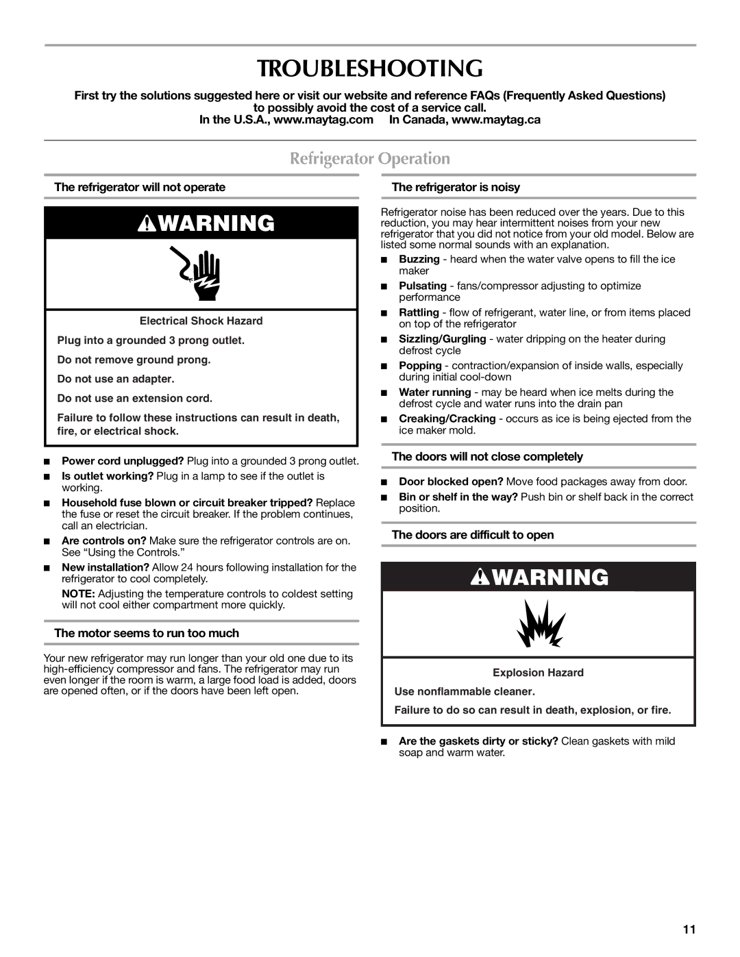 Maytag W10237808A, W10216897A installation instructions Troubleshooting, Refrigerator Operation 