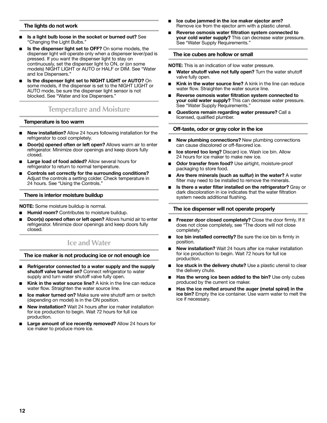 Maytag W10216897A, W10237808A installation instructions Temperature and Moisture, Ice and Water 