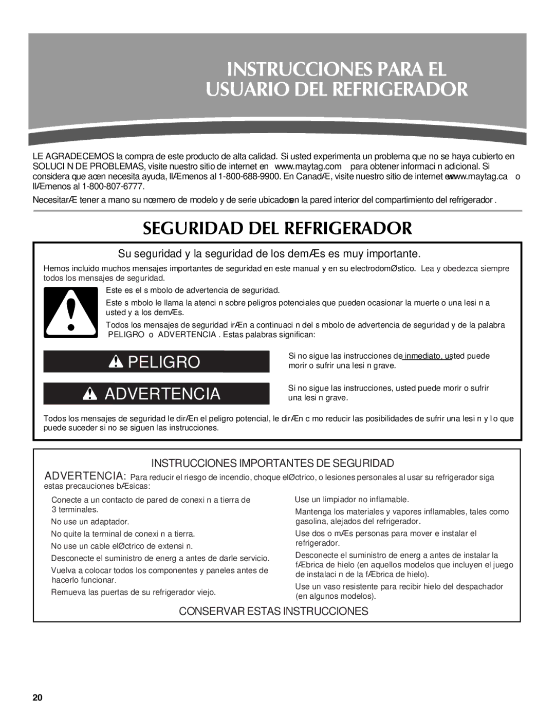 Maytag W10216897A, W10237808A Instrucciones Para EL Usuario DEL Refrigerador, Seguridad DEL Refrigerador 