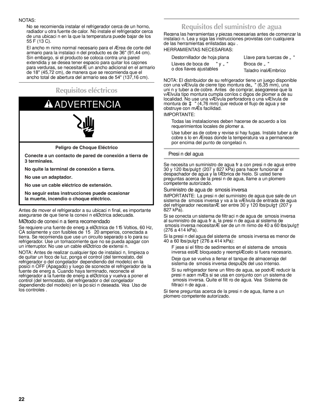 Maytag W10216897A Requisitos eléctricos, Requisitos del suministro de agua, Método de conexión a tierra recomendado 