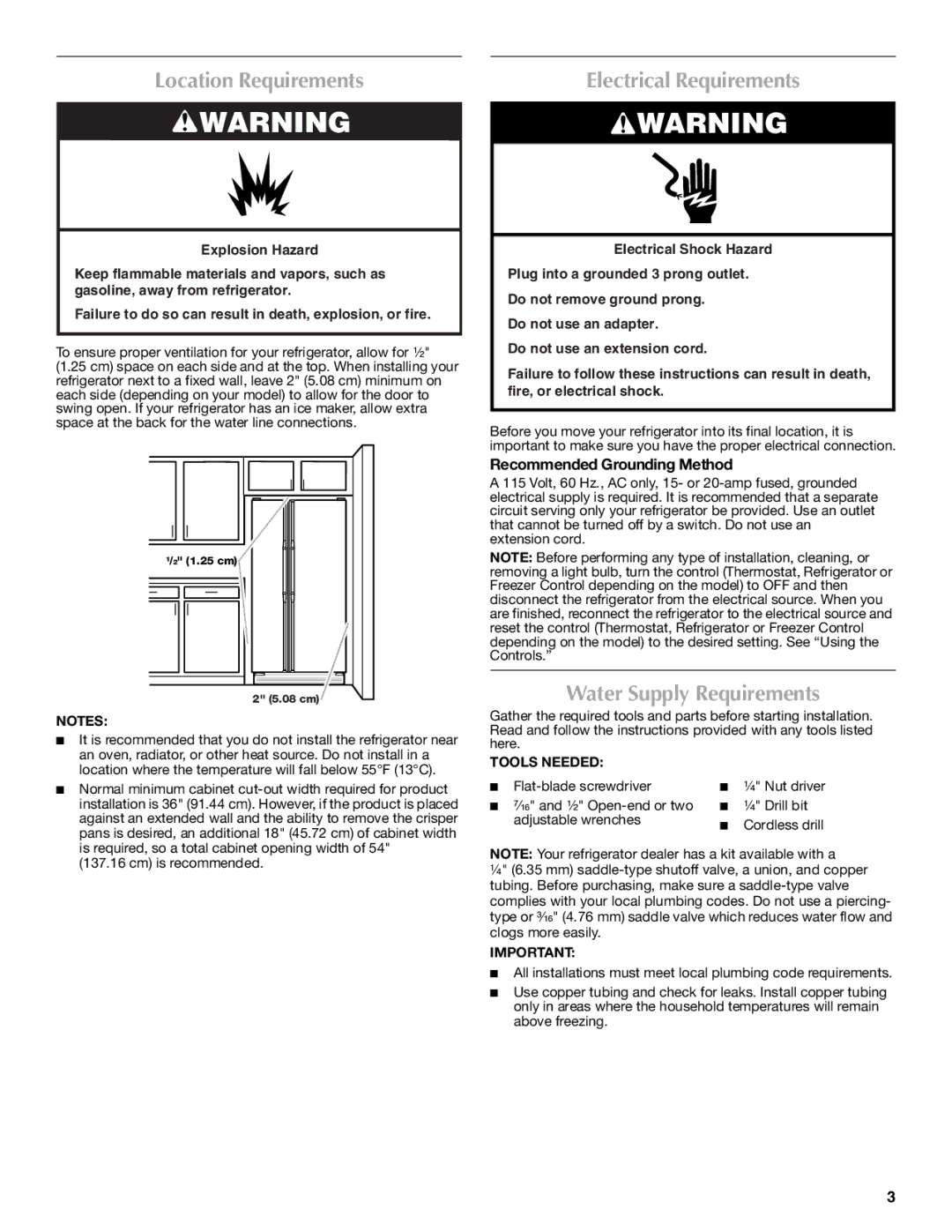 Maytag W10237808A Location Requirements, Electrical Requirements, Water Supply Requirements, Recommended Grounding Method 