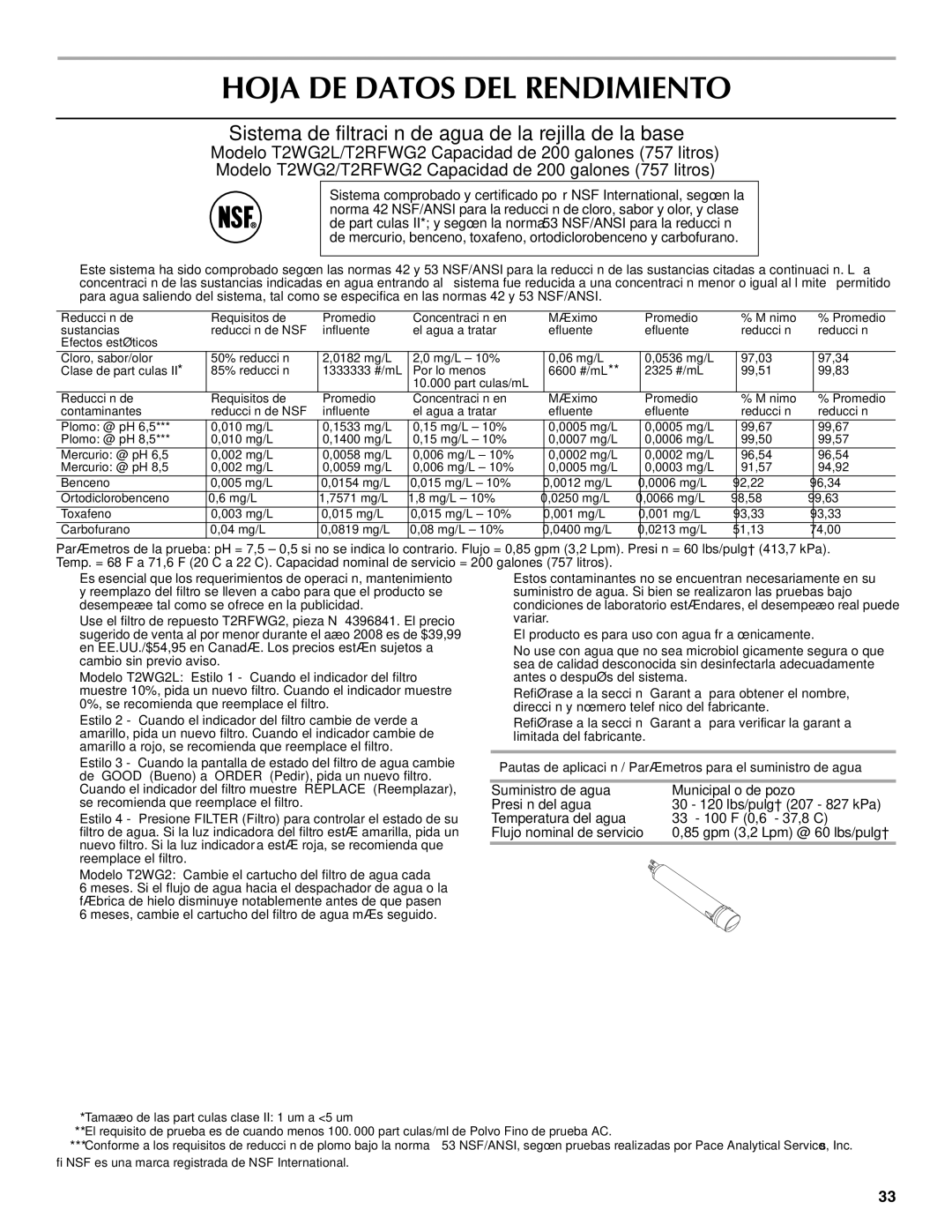 Maytag W10237808A, W10216897A Hoja DE Datos DEL Rendimiento, Sistema de filtración de agua de la rejilla de la base 