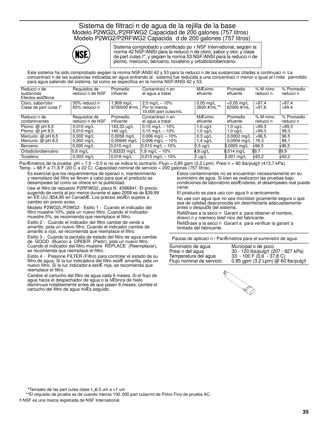 Maytag W10237808A, W10216897A installation instructions Sistema de filtración de agua de la rejilla de la base 