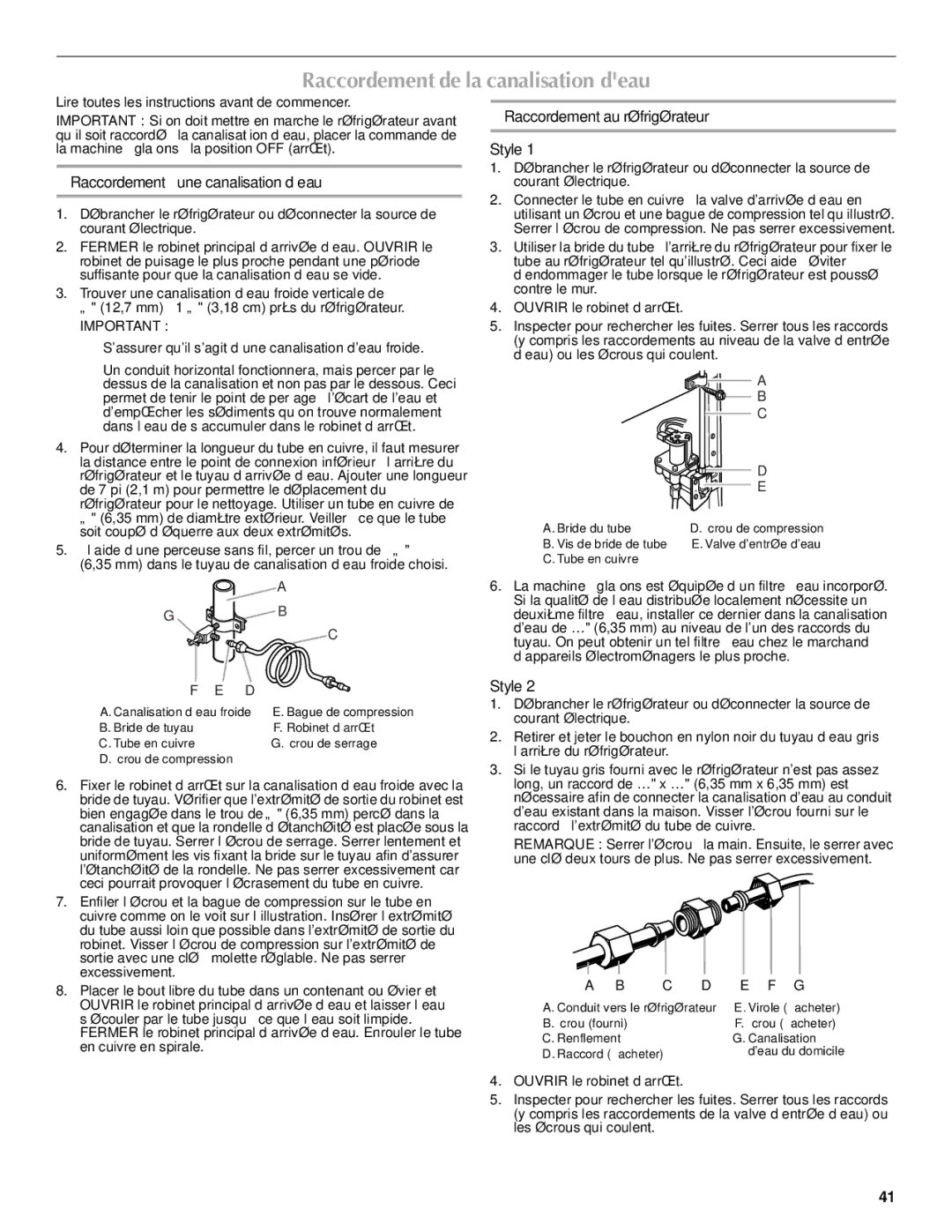 Maytag W10237808A, W10216897A Raccordement de la canalisation deau, Raccordement à une canalisation d’eau 