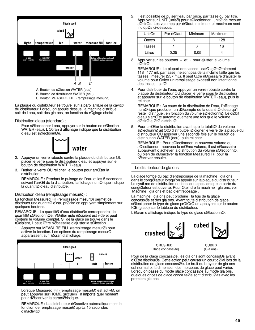 Maytag W10237808A, W10216897A Distribution deau standard, Distribution deau remplissage mesuré, Le distributeur de glaçons 