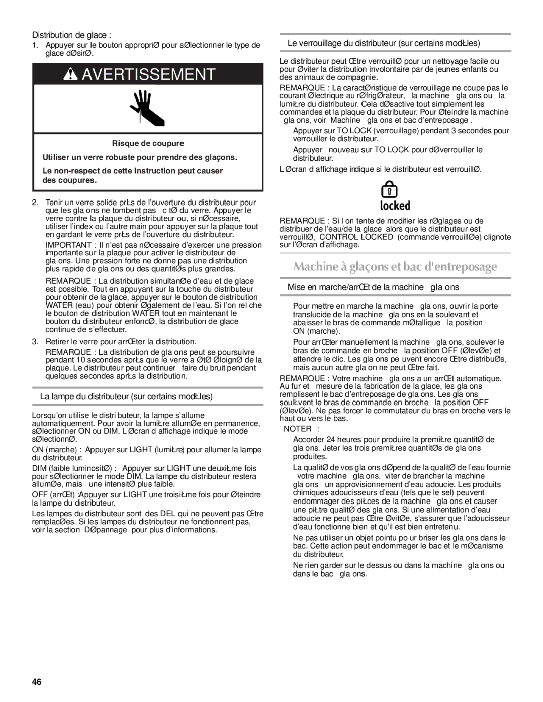 Maytag W10216897A, W10237808A installation instructions Machine à glaçons et bac dentreposage, Distribution de glace 