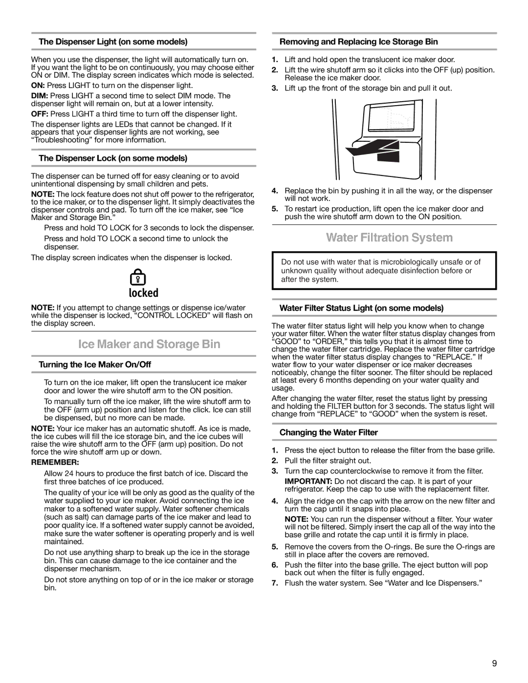 Maytag W10237808A, W10216897A installation instructions Ice Maker and Storage Bin, Water Filtration System 