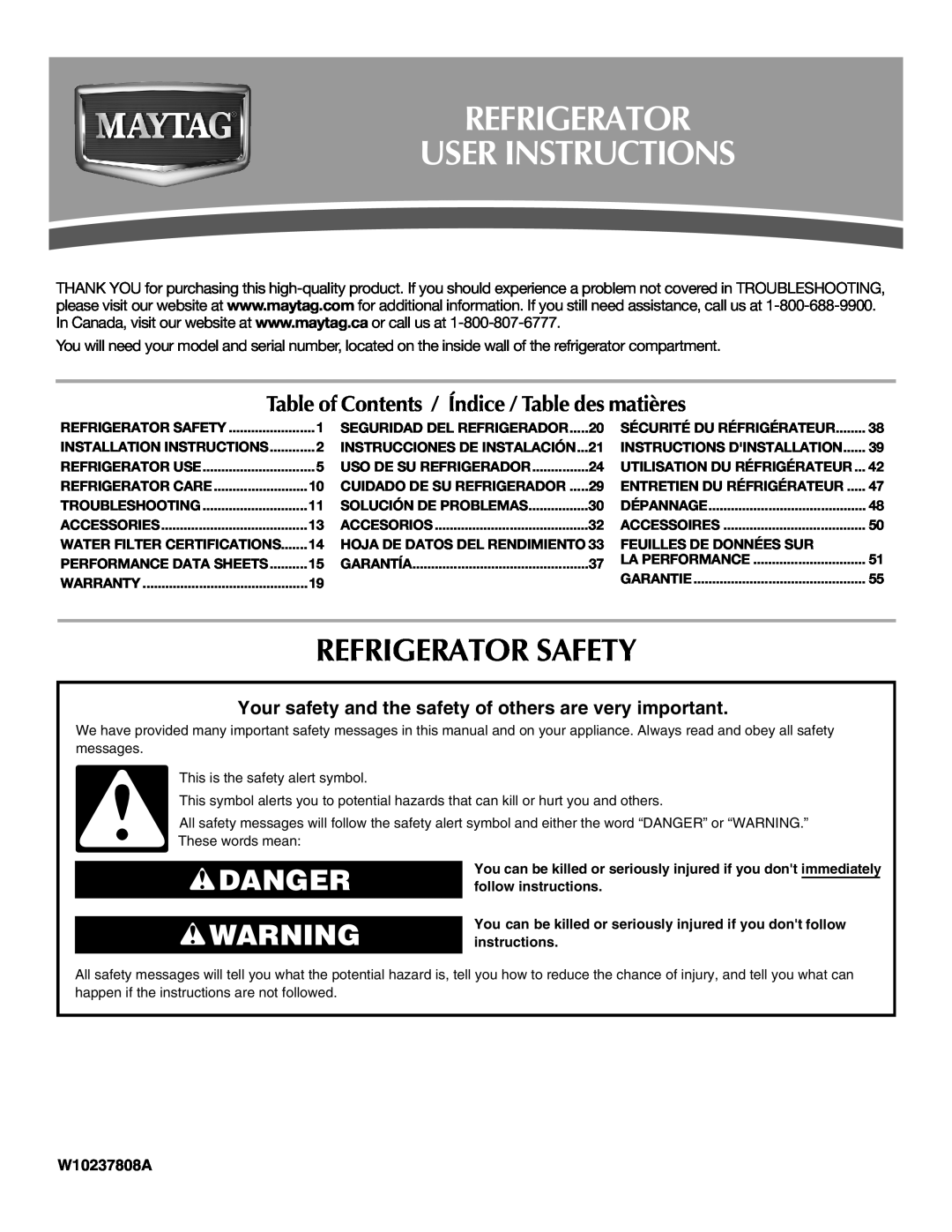 Maytag W10237808A, W10216897A installation instructions Refrigerator User Instructions, Refrigerator Safety, Danger 