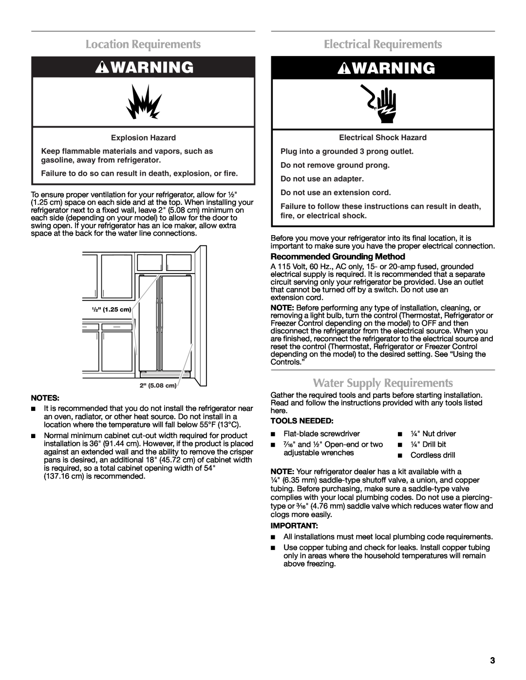 Maytag W10237808A Location Requirements, Electrical Requirements, Water Supply Requirements, Recommended Grounding Method 