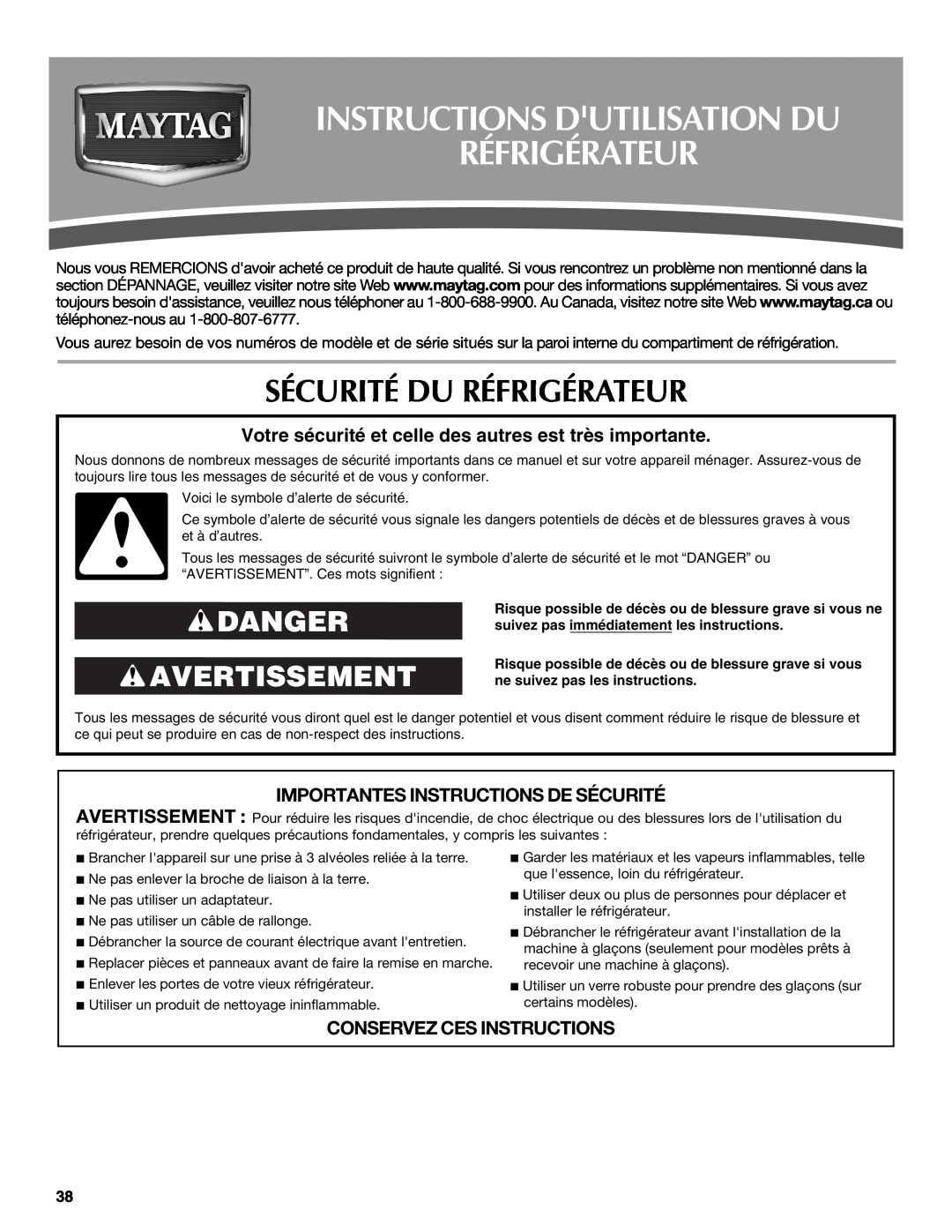 Maytag W10216897A, W10237808A Instructions Dutilisation Du Réfrigérateur, Sécurité Du Réfrigérateur, Danger Avertissement 