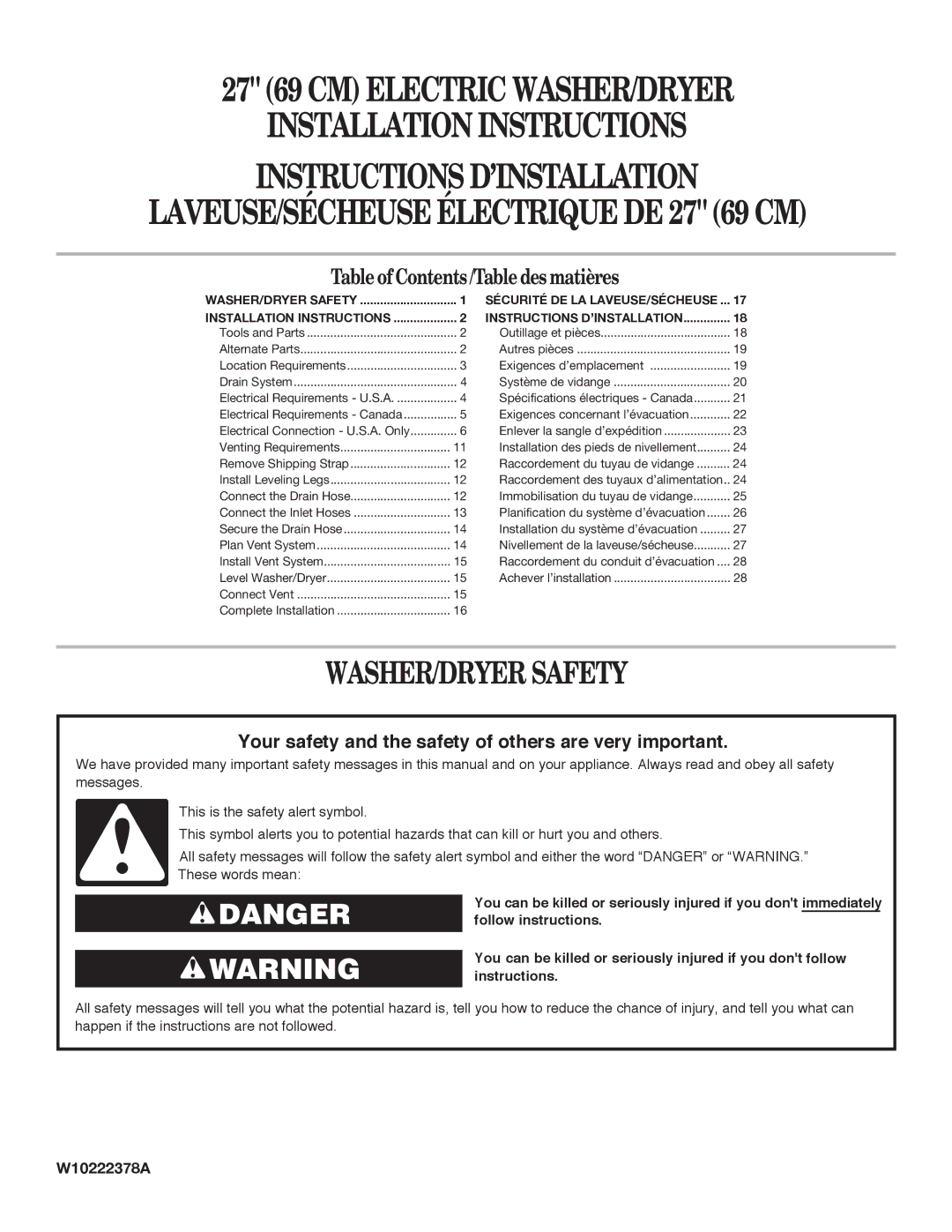 Maytag W10222378A installation instructions LAVEUSE/SÉCHEUSE Électrique DE 27 69 CM 