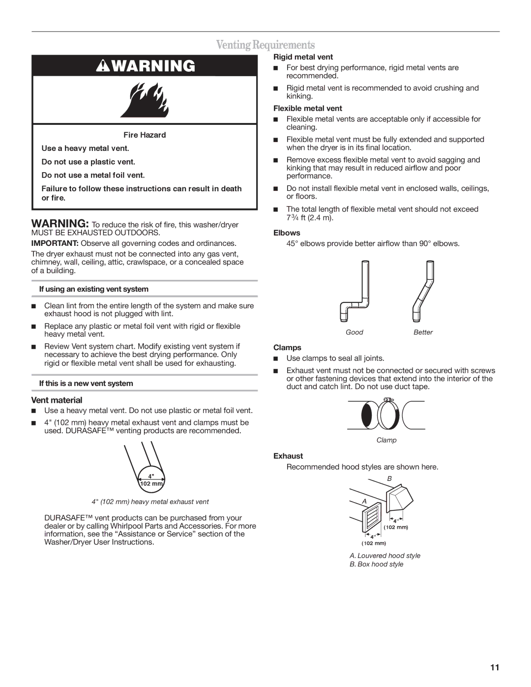 Maytag W10222378A installation instructions VentingRequirements, Vent material 