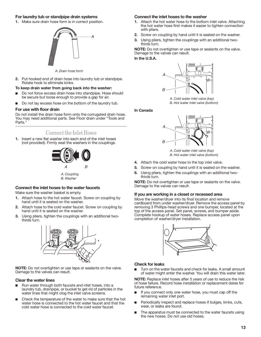 Maytag W10222378A installation instructions Connect the Inlet Hoses 