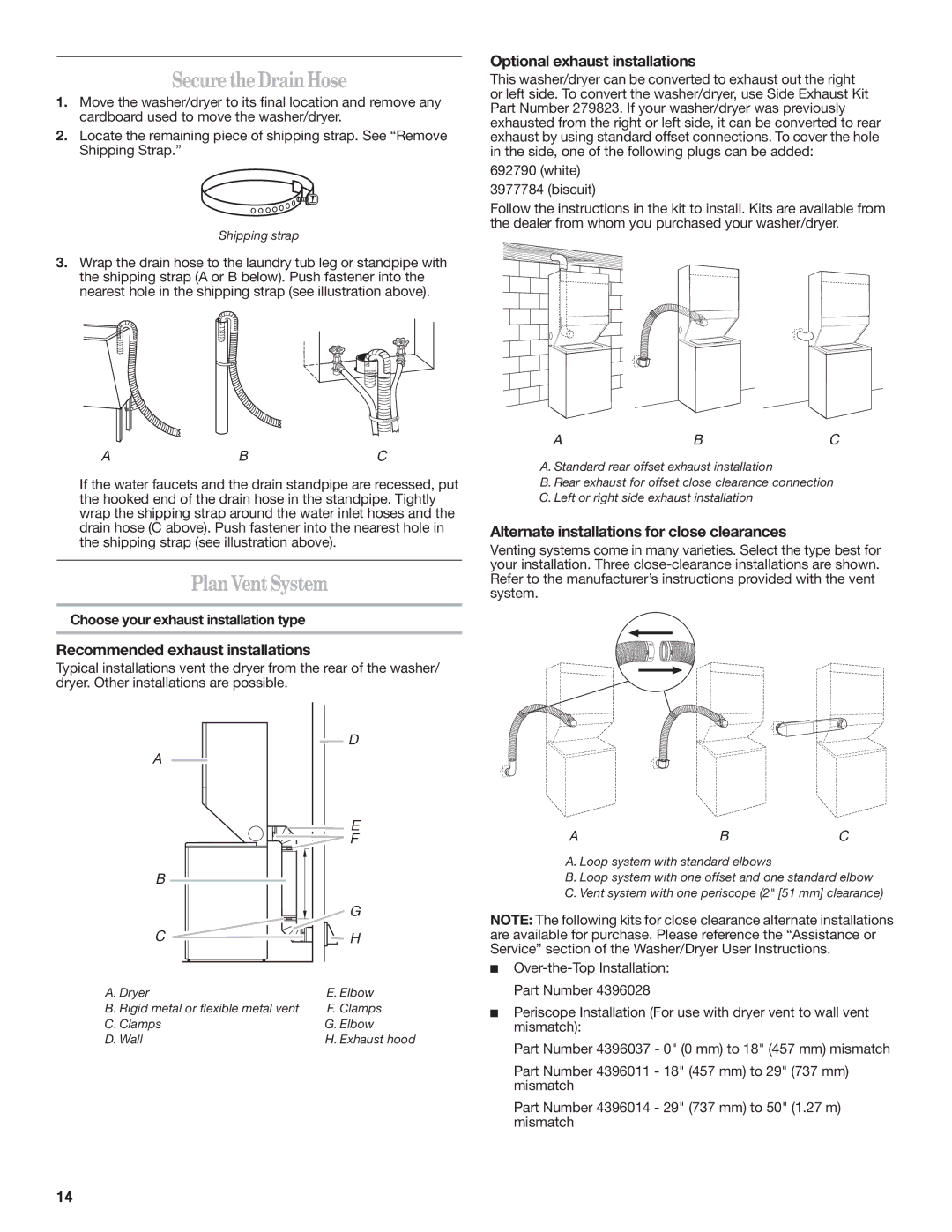 Maytag W10222378A SecuretheDrainHose, PlanVentSystem, Recommended exhaust installations, Optional exhaust installations 